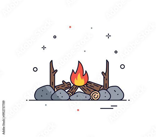 Remains of a campfire with ashes, partially burnt logs, and faint smoke rising, illustrating past gatherings, warmth, and memory. Minimalist flat vector