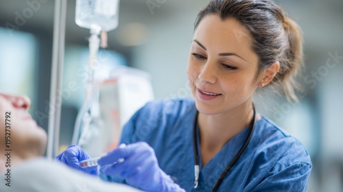 Nurse adjusting IV drip while patient rests