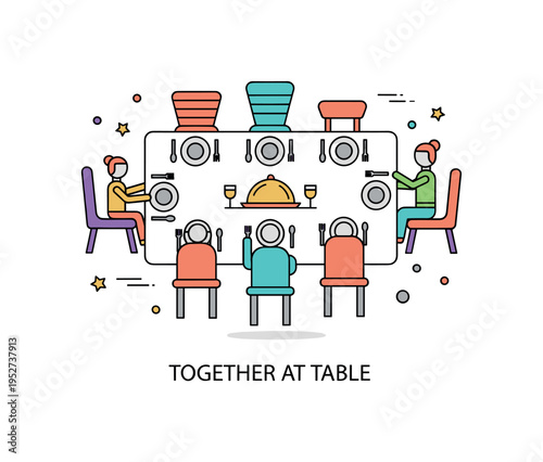 Having dinner with family generational gathering scene featuring varied chair silhouettes around a shared table and a central serving dish, symbolizing