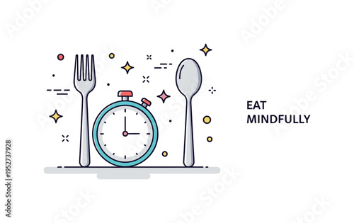 Intermittent fasting mindful eating awareness featuring a simple fork and spoon resting beside a ticking clock, surrounded by small star accents that suggest