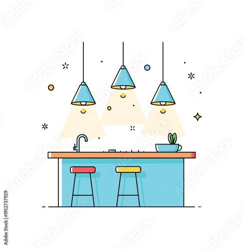 Scandinavian kitchen style simple cone pendant lights casting soft circular light onto a compact island surface, expressing clean design and functional