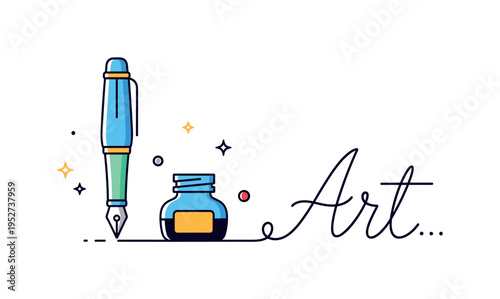 Hand lettering essentials compact arrangement of pen holder, small ink bottle and a subtle script word Art forming from the tip, expressing creativity and