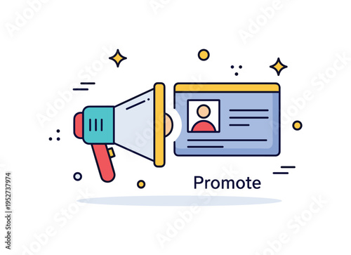 Digital self promotion scene with a megaphone icon next to a personal profile card symbolizing visibility and confident messaging. Small sparkle accents and a