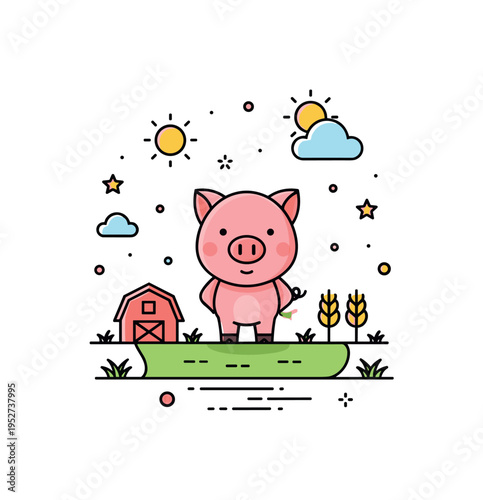 Farm pig character standing confidently on a small patch of grass with a tiny barn silhouette in the background, expressing healthy rural life and agricultural