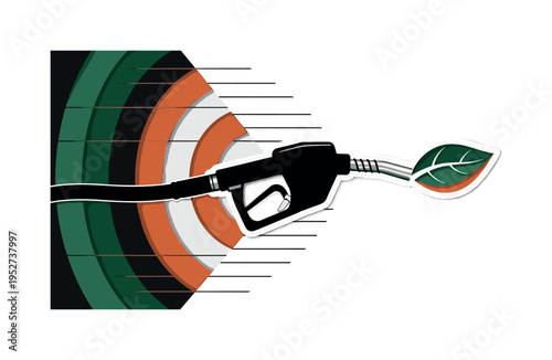 A black and white fuel pump nozzle transforming into a leaf at the tip, bold geometric semicircles radiating outward like renewable energy waves,