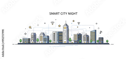 Illuminated city smart city concept with compact building silhouettes connected by thin glowing lines, representing digital infrastructure and modern