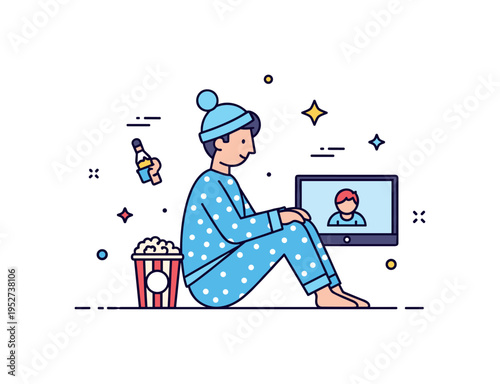 Pajama day at home movie marathon idea illustrated by a figure in comfy sleepwear sitting with a small popcorn bucket and a screen icon nearby. A cheerful