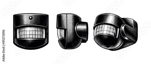 Motion sensor detector shown as one object in front view, side profile, and slightly tilted perspective emphasizing curved lens and mounting base details.