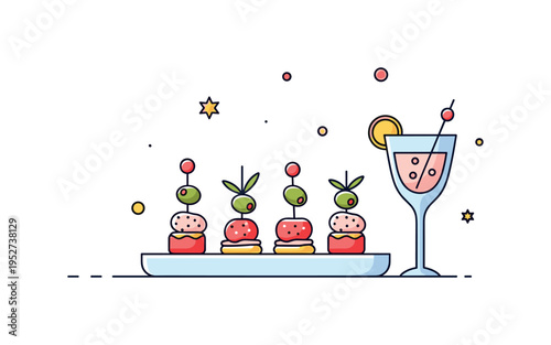 Cocktail party appetizers shown as tiny skewered bites with decorative olive accents and subtle glass icon nearby, expressing festive sophistication and social
