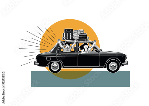 Black and white family road trip moment with car packed and children waving from windows, bold mustard circular accent highlighting vehicle, muted teal
