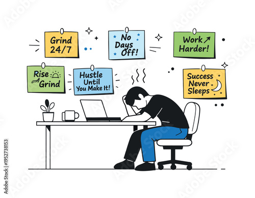 Toxic hustle mindset. Motivational quotes pinned above a desk while the person slumps slightly in the chair. Contrast between inspiring slogans and silent