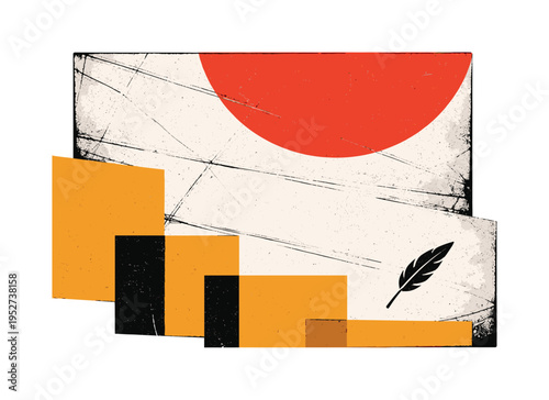 Close-up black and white aged paper texture with visible creases and ink strokes, layered paper-cut composition with crisp contours, large red semicircle