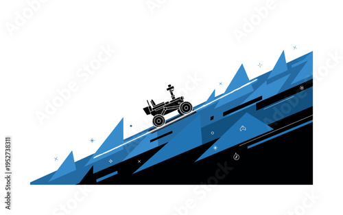Dynamic angled black and white canoe slicing across abstract geometric water made of blue rectangles and black semicircles, thin diagonal lines emphasizing