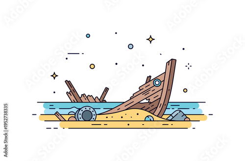 Shipwreck remains resting on a sandy shore with fragments of wood and metal scattered around, evoking mystery, adventure, and the sea?s history. Minimalist