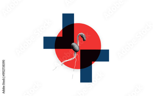 monochrome seed sprouting tiny root, bold red circular halo behind sprout and deep blue rectangular blocks slicing composition, subtle halftone texture and