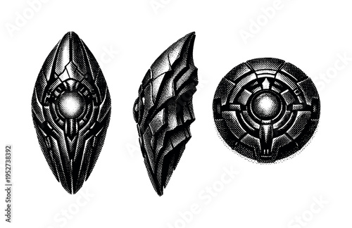 Alien artifact. A mysterious extraterrestrial artifact depicted as a single object presented in three different views showing geometry, surface structure, and