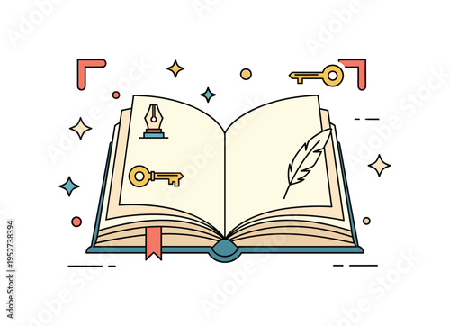 Vintage library treasure represented by an old open book with slightly curved pages and decorative corner elements, symbolizing wisdom preserved through