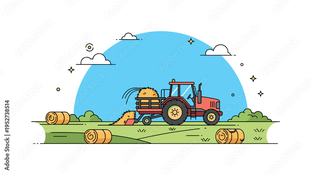 Obraz premium Haying tractor illustrated on a grassy meadow with scattered hay bales and a clear blue sky, highlighting agricultural work and countryside scenery. Minimalist