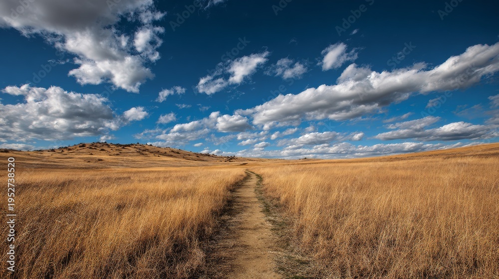 Fototapeta premium Worn path in grass crossing an open field, blue sky