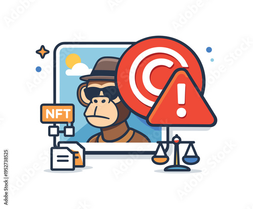 Copyright infringement in NFTs represented by a familiar image partially overlaid with a warning symbol, highlighting misuse, copying, and legal uncertainty in