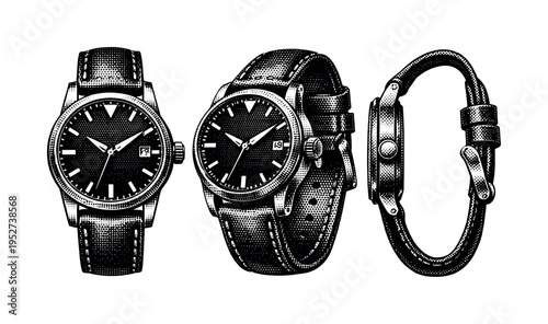 Leather strap wristwatch A wristwatch with leather strap rendered as a single object, displayed in front, three-quarter, and side views highlighting strap