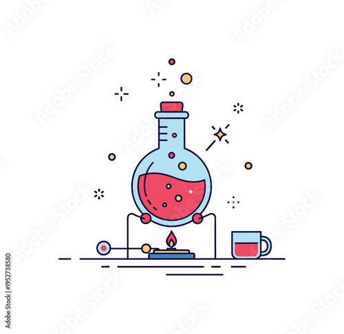 Alchemy mystical laboratory scene centered on a rounded flask with glowing liquid placed over a small burner, symbolizing transformation and the pursuit of