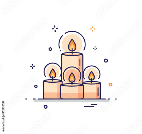 Candles warm glow arrangement featuring three softly lit candles of varying heights with gentle halo light around each flame, creating a cozy and intimate