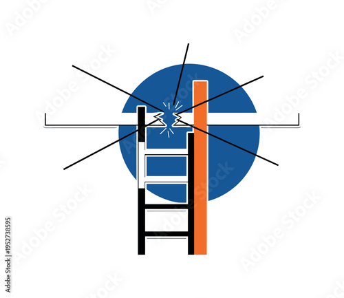 Black and white broken ladder simplified into geometric segments, oversized blue circular halo behind the upper section, bright orange vertical bar marking