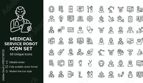 Medical service robot line icon set with healthcare automation robotic assistants telemedicine technology and hospital care symbols