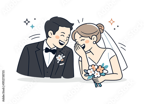 Candid wedding laughter. A couple leaning toward each other, sharing a funny private joke during their wedding day. Natural connection and warmth expressed