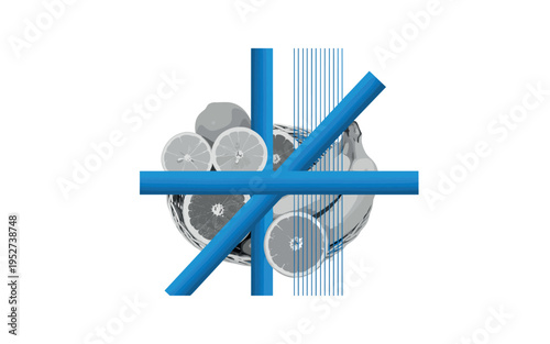 Black and white sliced citrus and bananas visible inside basket, intersected by blue cylindrical shapes and thin vertical lines suggesting freshness and