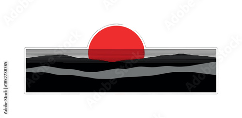 Black and white landscape silhouette with bold vibrant red circular sun setting behind distant hills, thin horizontal lines emphasizing horizon layers, white