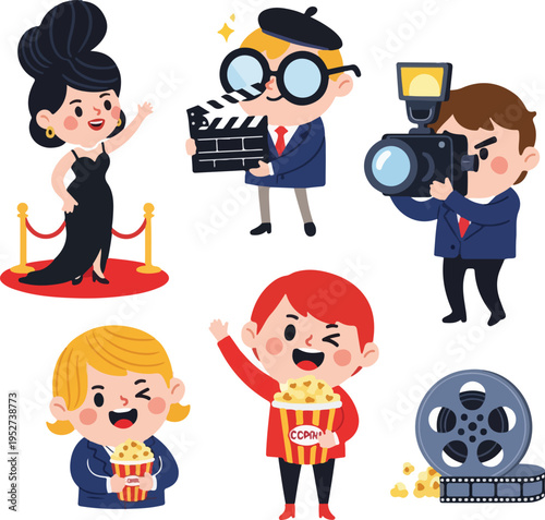 Cinema and Movie Production Characters Set with Filmmaker, Actress on Red Carpet, and Fans Eating Popcorn in Flat Vector Style