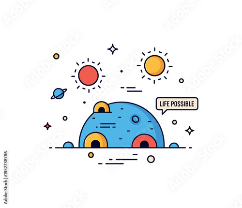 Binary star planet habitat showing a rounded planet surface under two suns with minimal shelter shapes and a small Life Possible label, suggesting adaptation