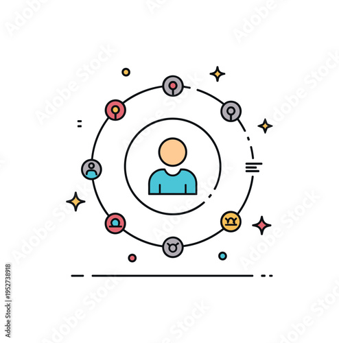Community network small nodes connected by clean lines forming a protective circular frame around a single person icon. A clear concept badge about connection,