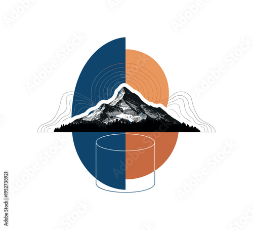 Black and white realistic mountain peak rising above a visible timberline with sparse trees below, cut-out effect with white outline around the mountain