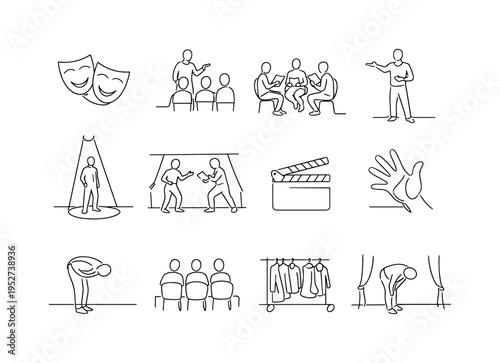 Drama Workshops. Minimalistic set one-line drawing theater masks comedy and tragedy, instructor directing actors, group script reading circle, actor performing