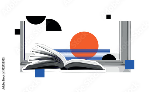 Black and white open book resting on a window sill, pages slightly lifted, bright orange circle outside representing sunset, thin horizontal blue lines like