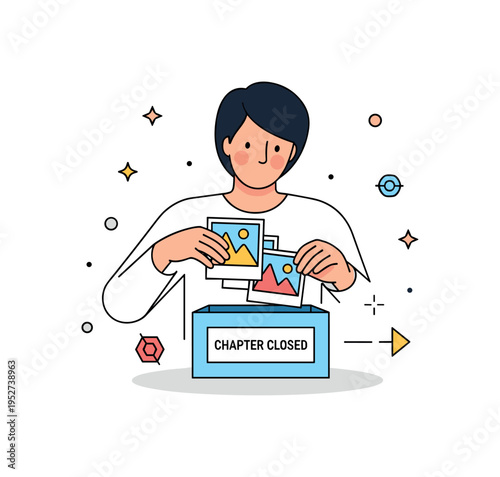 Letting go and moving forward person gently placing old photographs into a small keepsake box labeled Chapter Closed, while a subtle arrow icon points ahead. A