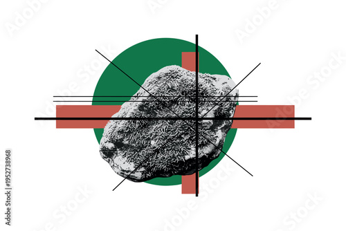 Black and white close-up of tear-streaked cheek, large bold red circle behind forming dramatic focal point, thin vertical stripes elongating the composition,