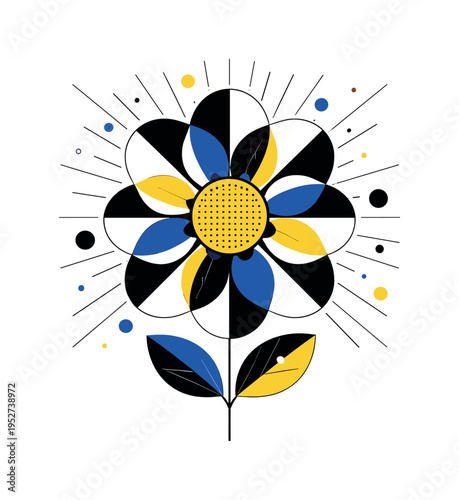 black and white flower with exaggerated petals constructed from geometric semicircles and circles, thin graphic lines radiating outward, palette black white