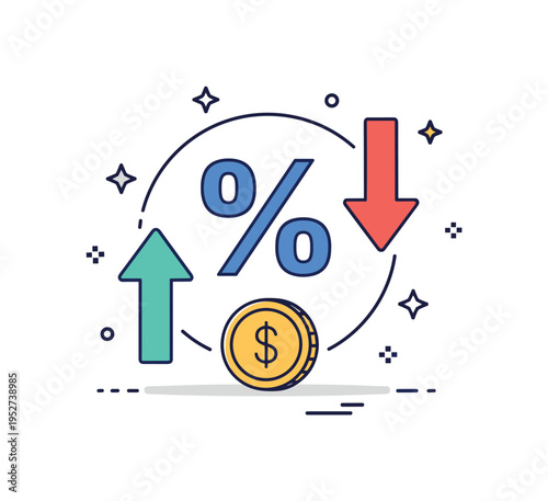 Interest rate adjustment theme featuring a bold percentage symbol combined with an upward and downward arrow around a single coin icon. A clear editorial
