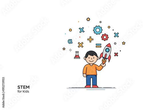 STEM education for kids concept centered around a cheerful child figure holding a small rocket with floating math symbols and gears, symbolizing curiosity,