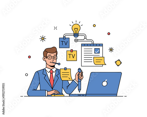 Writer brainstorming TV scenes with sticky notes, laptop, and pen, small abstract stars emphasizing idea development, plot structure, and collaborative