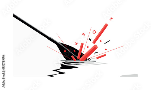 Close-up black and white paddle entering the lake water, dynamic red cylindrical shapes and diagonal lines creating motion, small abstract symbols suggesting