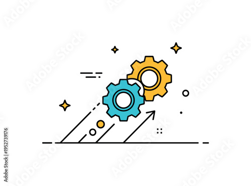 Next gen machinery compact gear aligned with a subtle upward arrow and small progress dots, expressing forward momentum and technological advancement. A