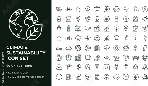 Climate sustainability line icon set with renewable energy recycling ecology and environmental protection symbols for green technology