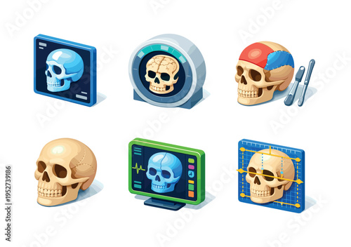 MedicalSkull. Isometric flat vector icons set of MedicalSkull: x-ray skull view, CT scan skull slice, surgical skull model, medical anatomy skull, diagnostic