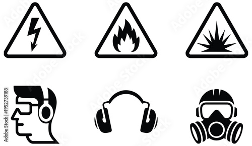 Industrial safety signs icons set, featuring electricity, fire, explosion, and personal protective equipment symbols, perfect for workplace safety materials, hazard warnings, training manuals, and 
