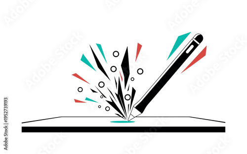Black and white stylus transforming into geometric shapes as it touches the tablet surface, sharp angular shards and circular markers indicating creation